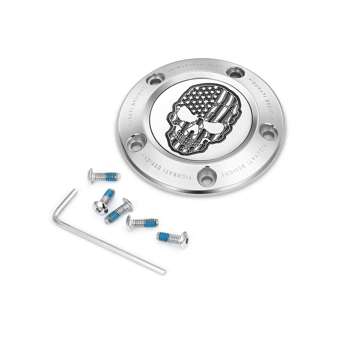 Figurati Designs – Harley-Davidson Stainless-Steel Contrast Cut American Flag Skull Twin Cam Timing Cover – FD27-TC-5H-SS