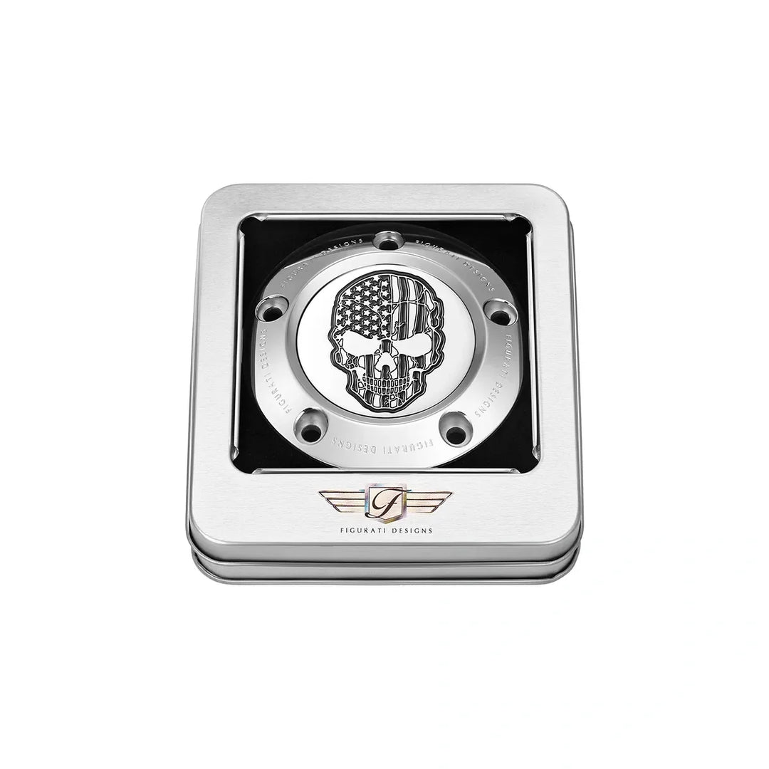 Figurati Designs – Harley-Davidson Stainless-Steel Contrast Cut American Flag Skull Twin Cam Timing Cover – FD27-TC-5H-SS