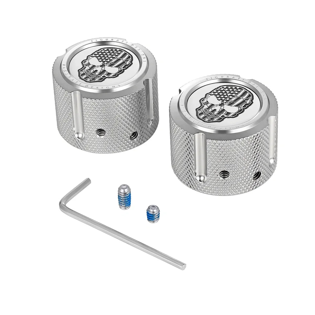 Figurati Designs – Harley-Davidson Stainless-Steel Front Axle Nut Covers Contrast Cut American Flag Skull – FD27-FAC-SS