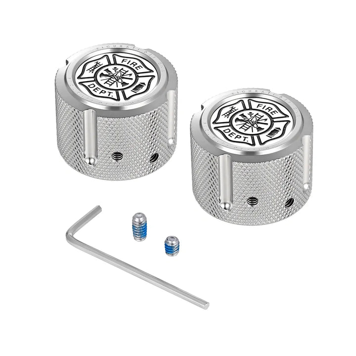 Figurati Designs – Harley-Davidson Stainless-Steel Front Axle Nut Covers Maltese Cross-FIRE – FD74-FAC-SS