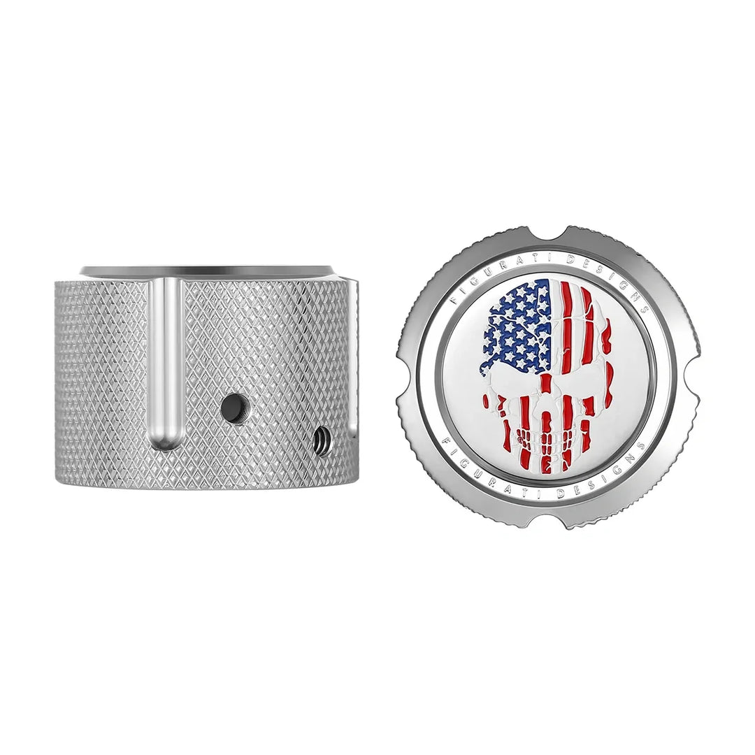 Figurati Designs – Harley-Davidson Stainless-Steel Front Axle Nut Covers Red White and Blue American Flag Skull – FD24-FAC-SS