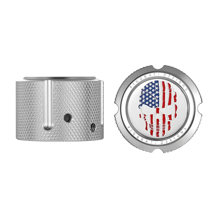 Figurati Designs – Harley-Davidson Stainless-Steel Front Axle Nut Covers Red White and Blue American Flag Skull – FD24-FAC-SS