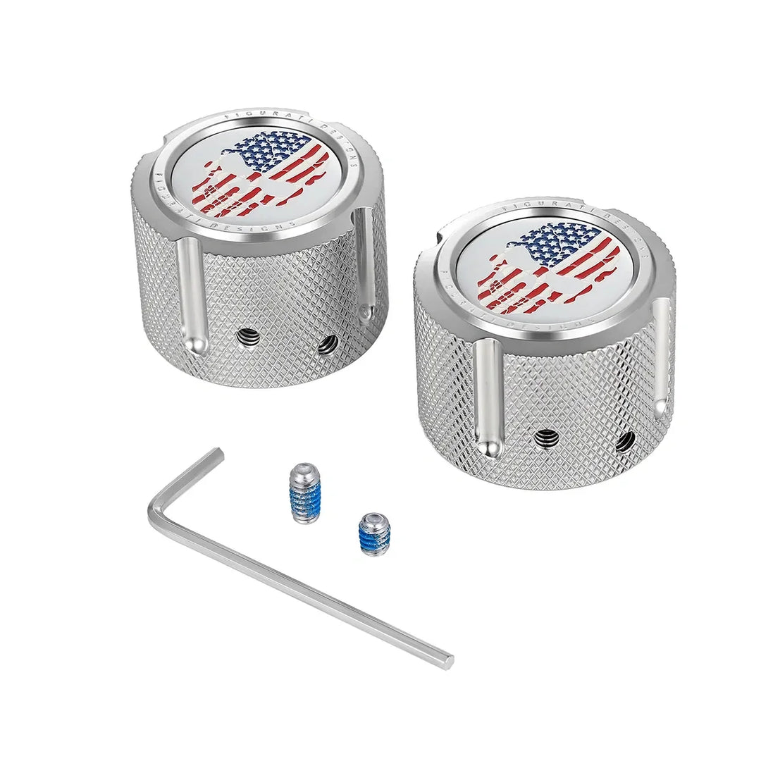 Figurati Designs – Harley-Davidson Stainless-Steel Front Axle Nut Covers Red White and Blue American Flag Skull – FD24-FAC-SS