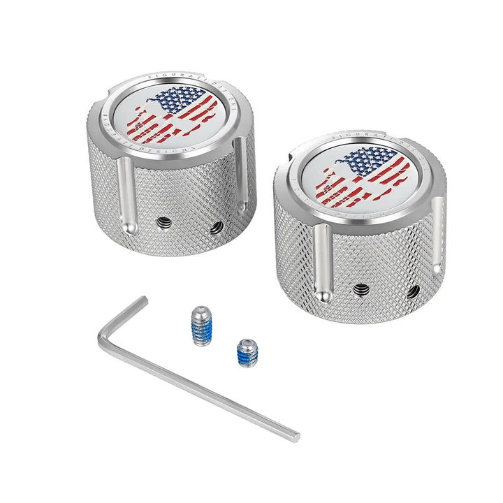 Figurati Designs – Harley-Davidson Stainless-Steel Front Axle Nut Covers Red White and Blue American Flag Skull – FD24-FAC-SS