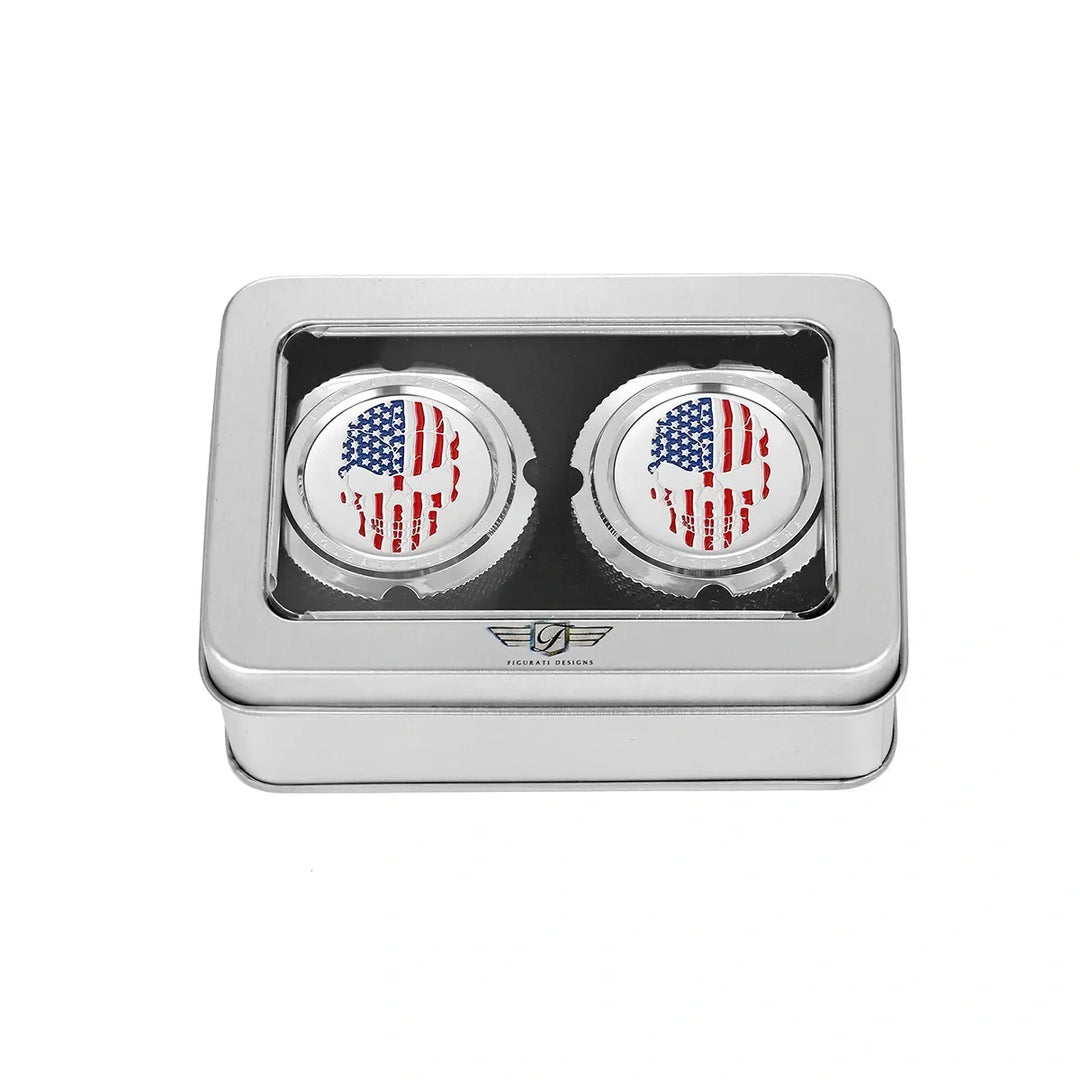Figurati Designs – Harley-Davidson Stainless-Steel Front Axle Nut Covers Red White and Blue American Flag Skull – FD24-FAC-SS