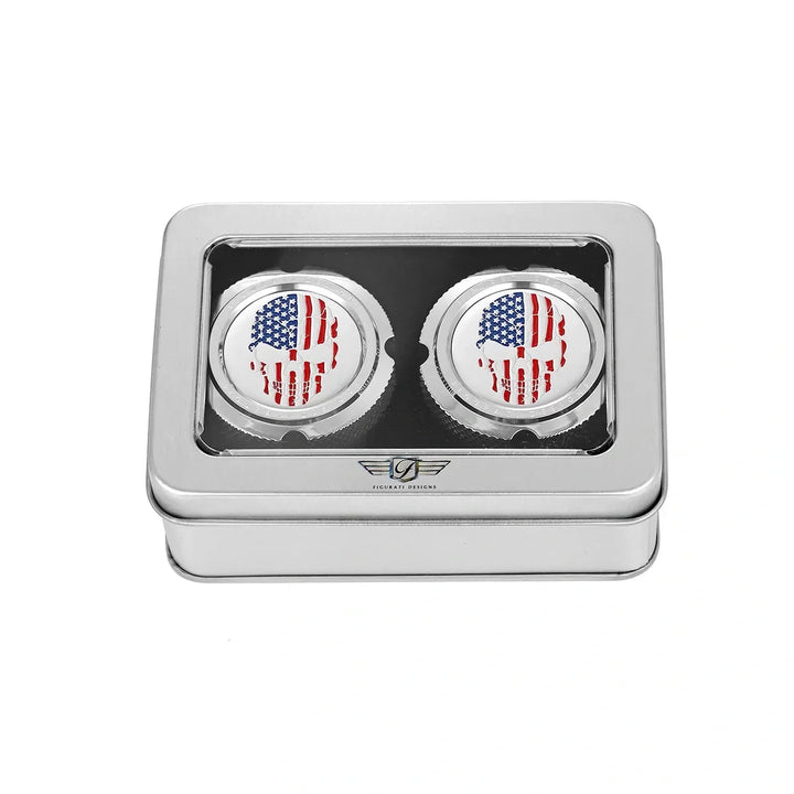 Figurati Designs – Harley-Davidson Stainless-Steel Front Axle Nut Covers Red White and Blue American Flag Skull – FD24-FAC-SS
