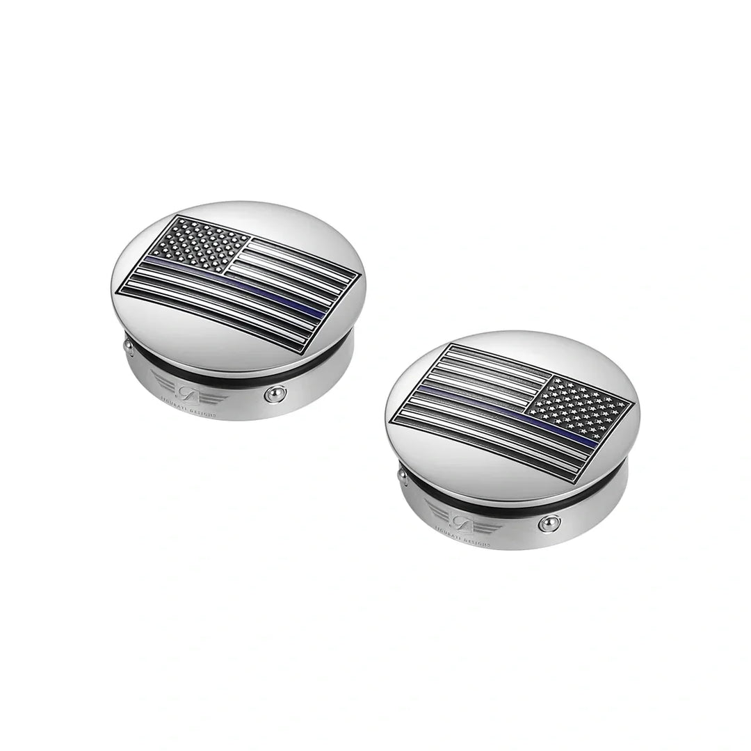 Figurati Designs – Harley-Davidson Stainless-Steel Swing Arm Covers American Flag Blue Line - Reversed – FD70-AFBL-SS