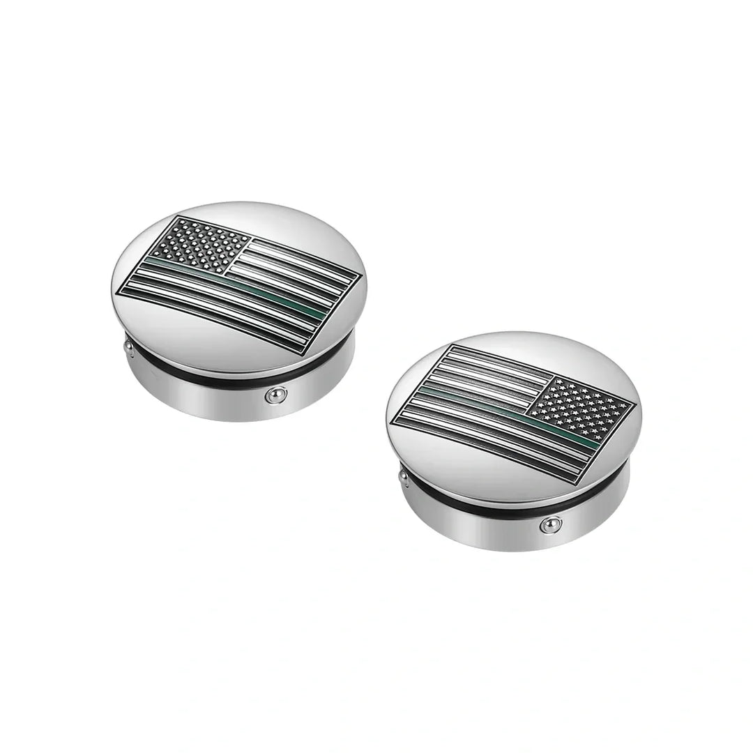Figurati Designs – Harley-Davidson Stainless-Steel Swing Arm Covers American Flag Green Line *Represents ALL US Military* - Reversed – FD72-AFGL-SS