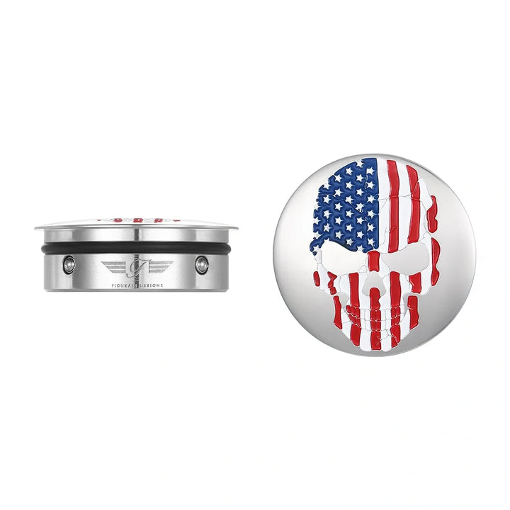 Figurati Designs – Harley-Davidson Stainless-Steel Red White and Blue American Flag Skull Swing Arm Cover – FD24-AFSKULL-SS