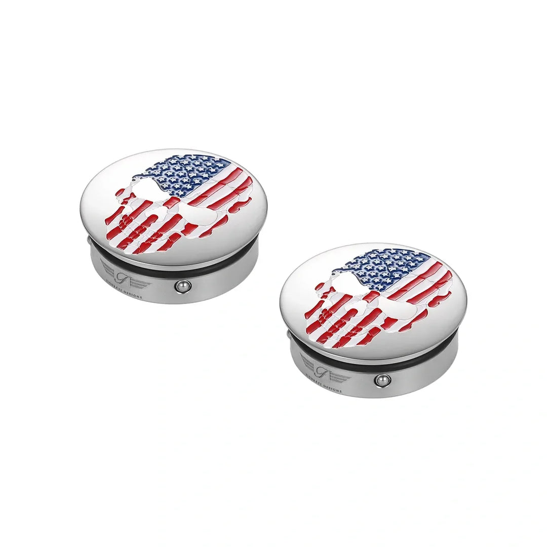Figurati Designs – Harley-Davidson Stainless-Steel Red White and Blue American Flag Skull Swing Arm Cover – FD24-AFSKULL-SS