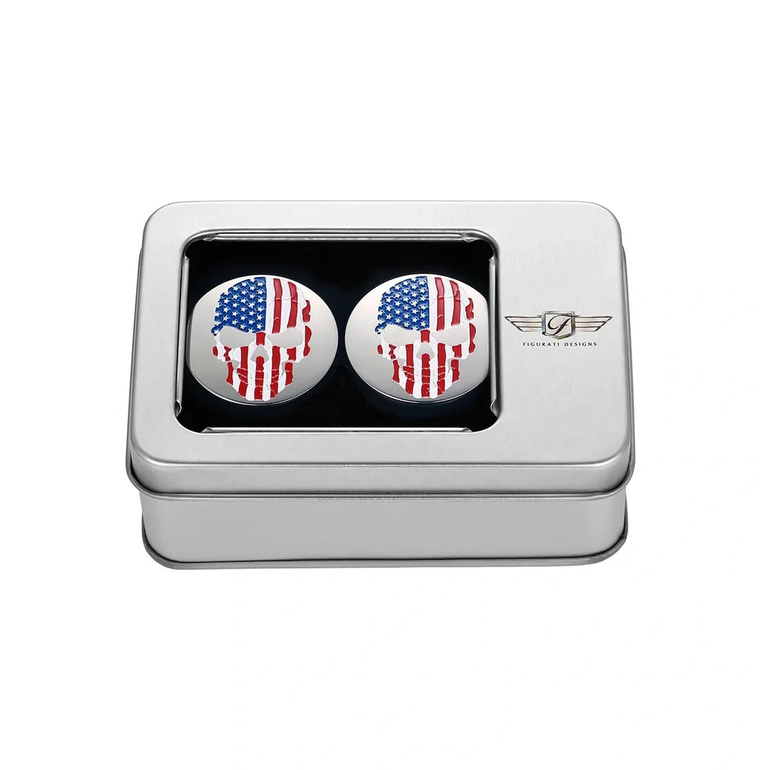 Figurati Designs – Harley-Davidson Stainless-Steel Red White and Blue American Flag Skull Swing Arm Cover – FD24-AFSKULL-SS