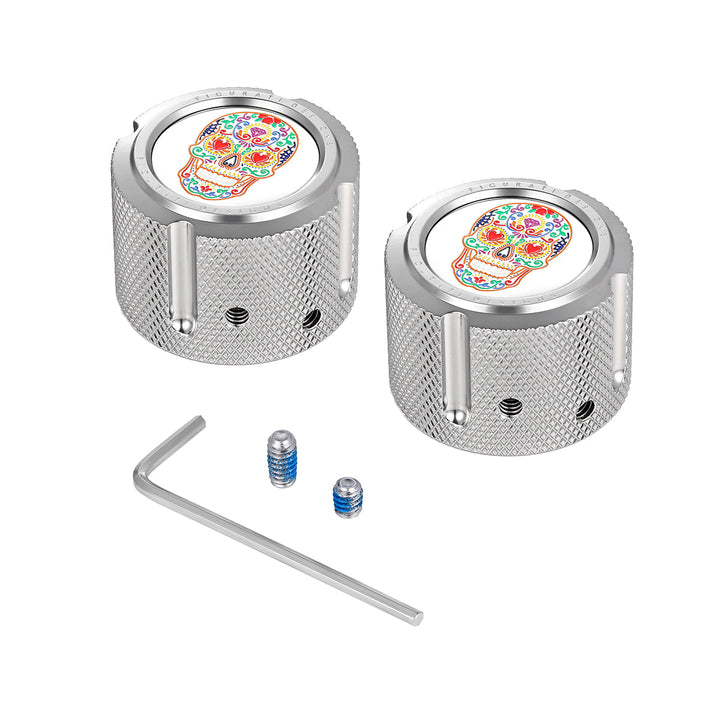 Figurati Designs – Harley-Davidson Stainless-Steel Sugar Skulls Front Axle Nut Covers – FD30-FAC-SS