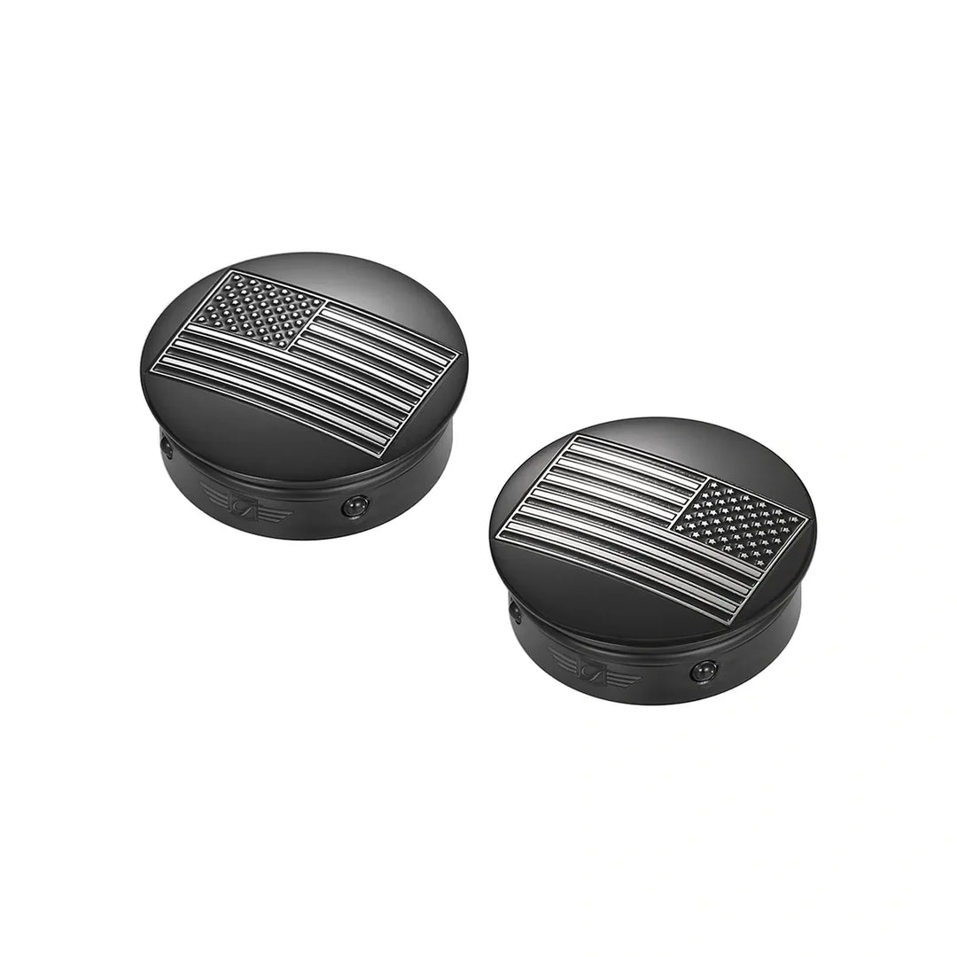 Figurati Designs – Harley-Davidson Stainless-Steel / Black Contrast Cut Swing Arm Covers American Flag - Reversed – FD26R-AF-CC-BLK