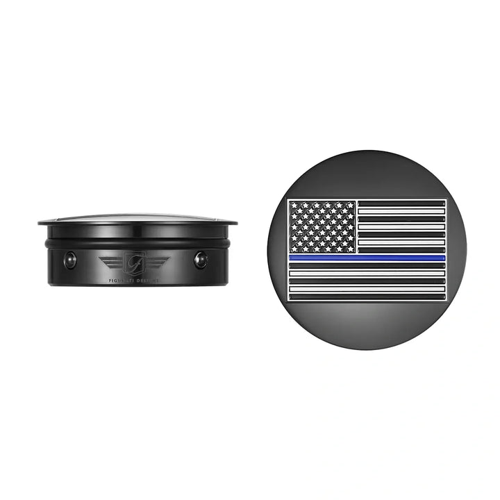 Figurati Designs – Harley-Davidson Stainless-Steel / Black Contrast Cut Swing Arm Covers American Flag Blue Line - Reversed – FD71-AFBL-BLK