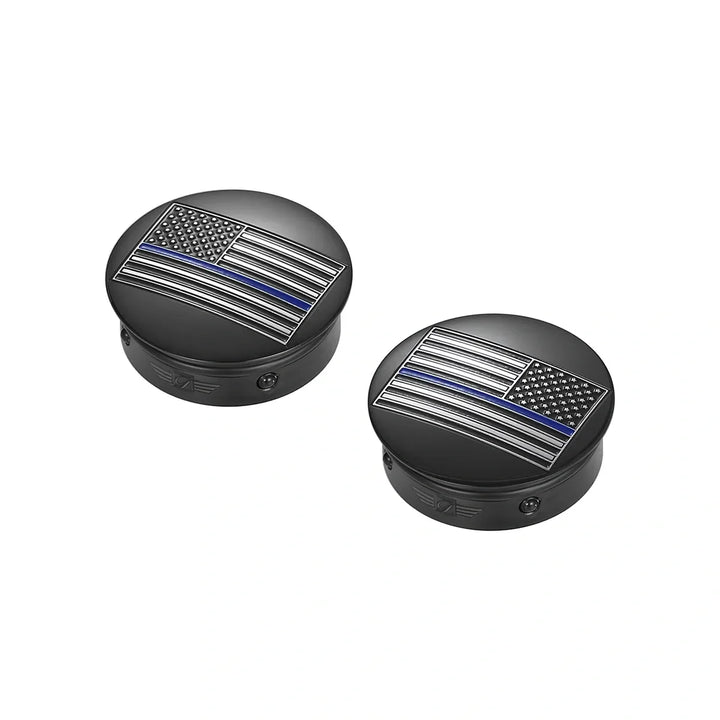 Figurati Designs – Harley-Davidson Stainless-Steel / Black Contrast Cut Swing Arm Covers American Flag Blue Line - Reversed – FD71-AFBL-BLK