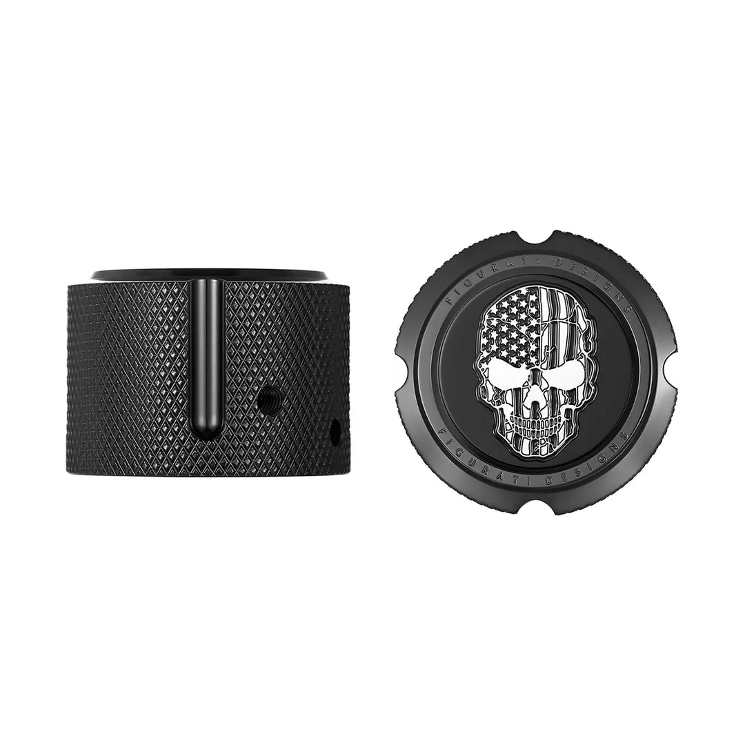 Figurati Designs – Harley-Davidson Stainless-Steel/Black Front Axle Nut Covers Contrast Cut American Flag Skull – FD28-FAC-BLK