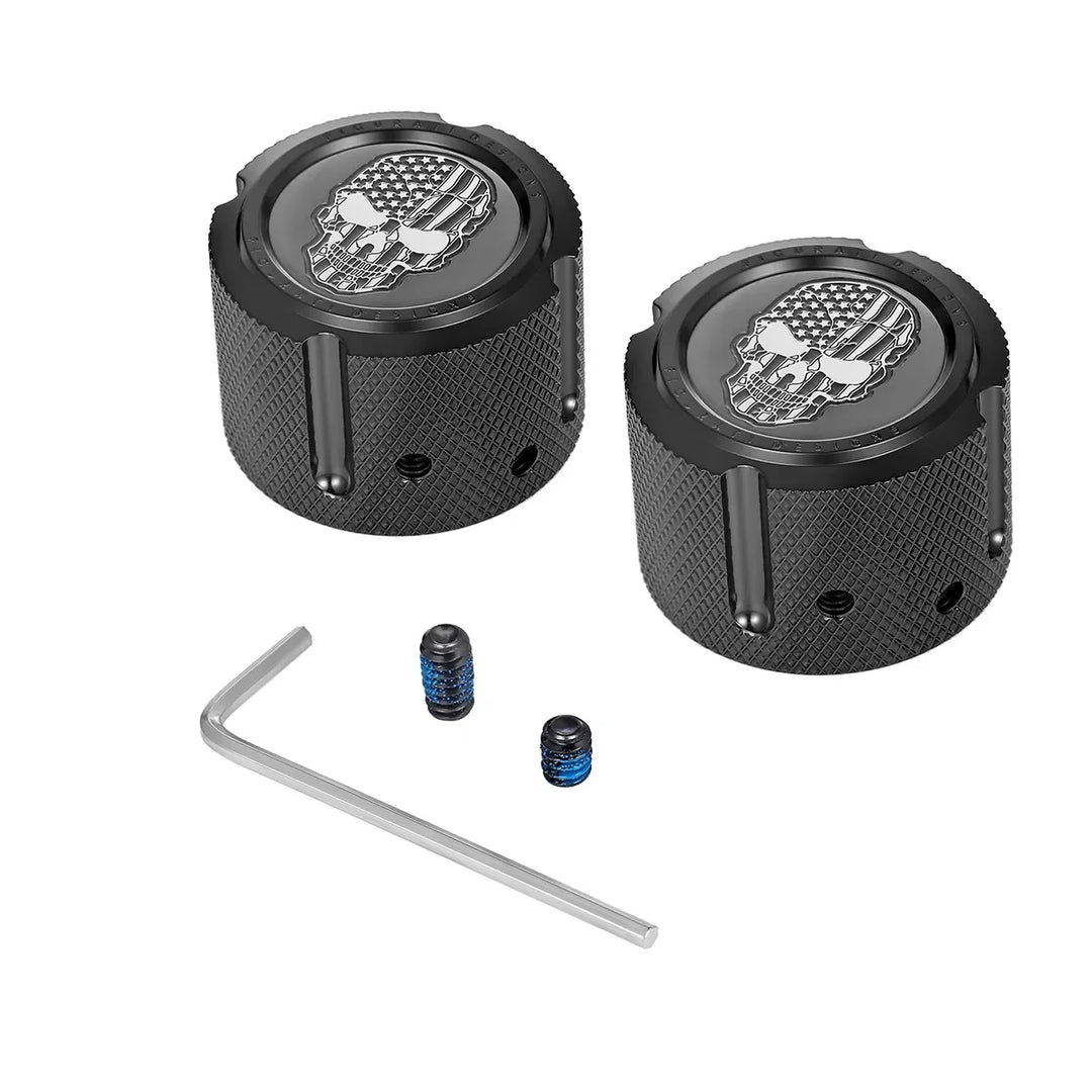 Figurati Designs – Harley-Davidson Stainless-Steel/Black Front Axle Nut Covers Contrast Cut American Flag Skull – FD28-FAC-BLK