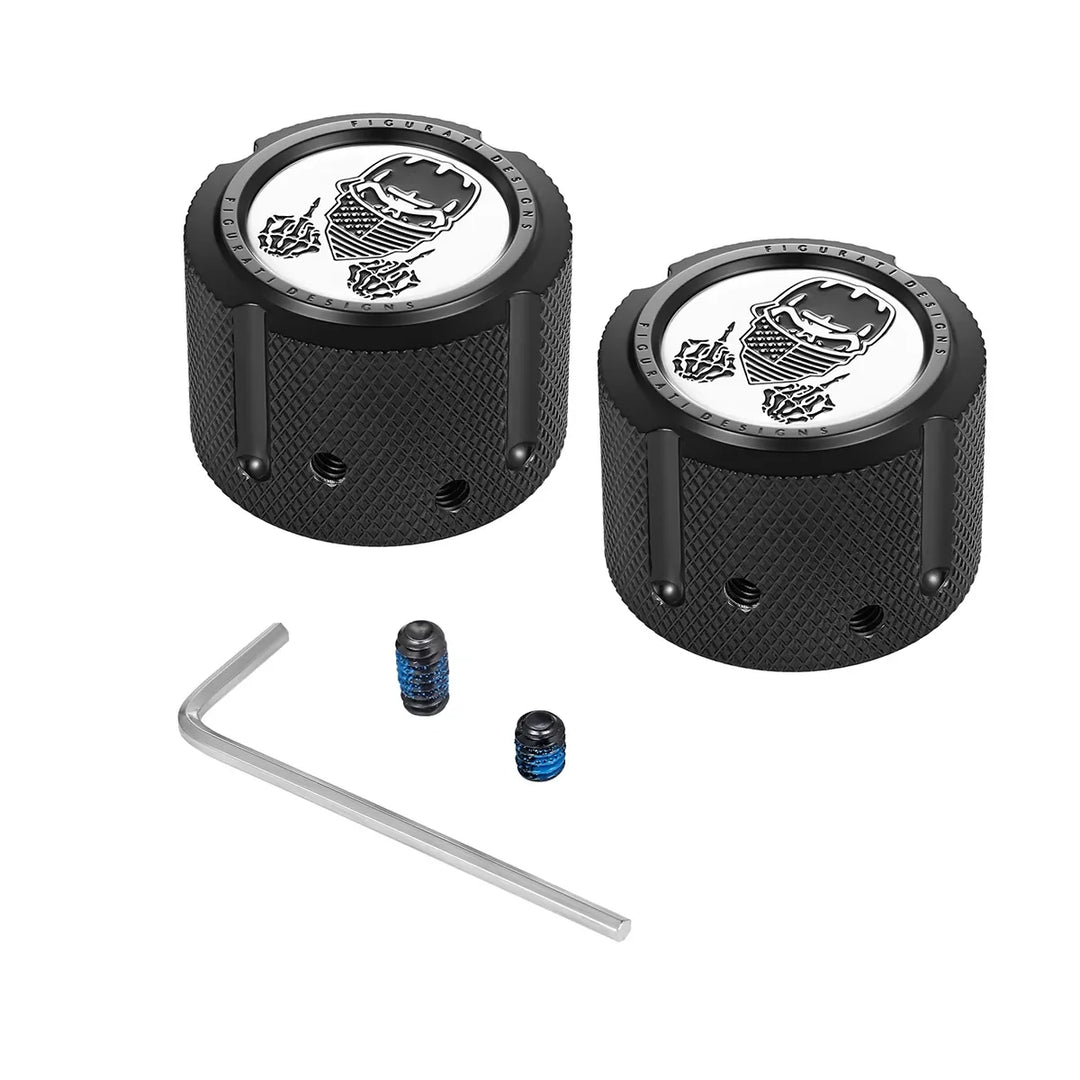 Figurati Designs – Harley-Davidson Stainless-Steel/Black Front Axle Nut Covers Masked Skull – FD29-FAC-BLK
