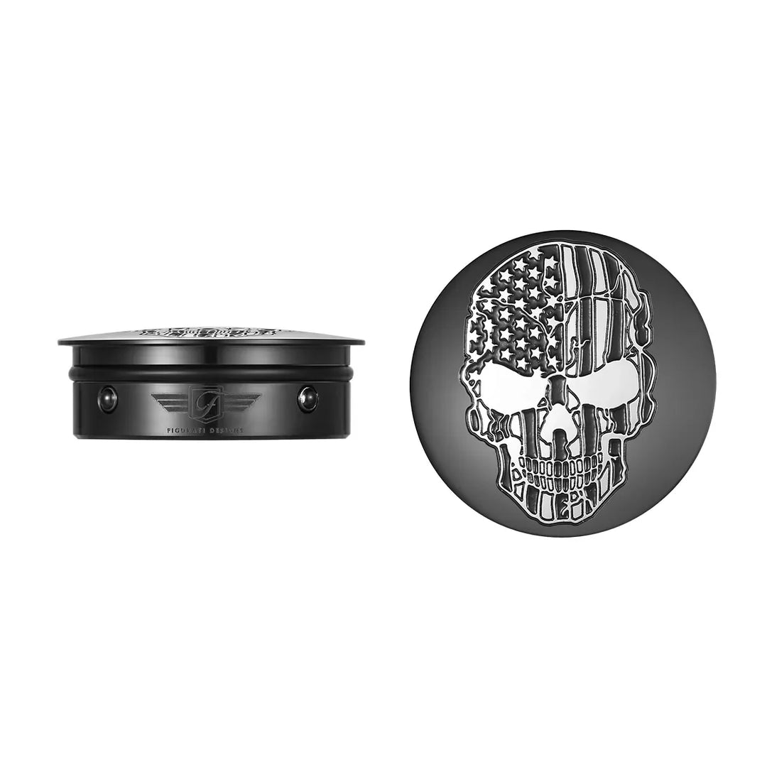 Figurati Designs – Harley-Davidson Stainless-Steel / Black Swing Arm Covers American Flag Skull – FD28-BLKSKULL-CC