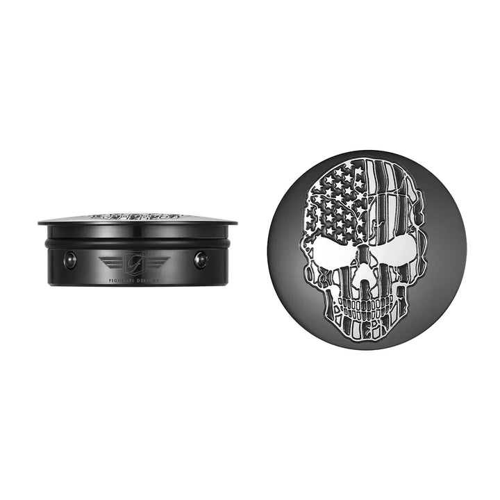 Figurati Designs – Harley-Davidson Stainless-Steel / Black Swing Arm Covers American Flag Skull – FD28-BLKSKULL-CC