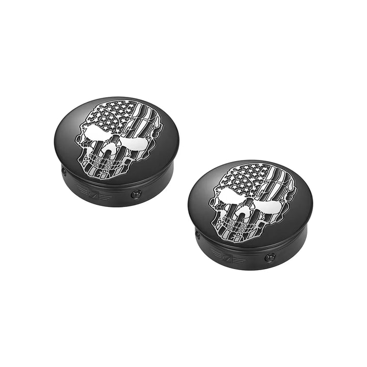 Figurati Designs – Harley-Davidson Stainless-Steel / Black Swing Arm Covers American Flag Skull – FD28-BLKSKULL-CC