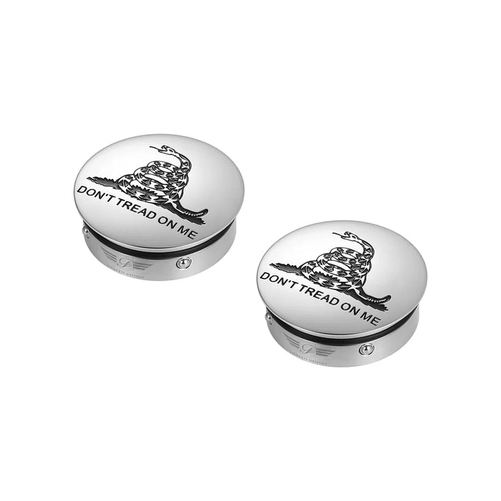 Figurati Designs – Harley-Davidson Stainless-Steel / Black Swing Arm Covers Don’t Tread On Me – FD40-DTOM-SS