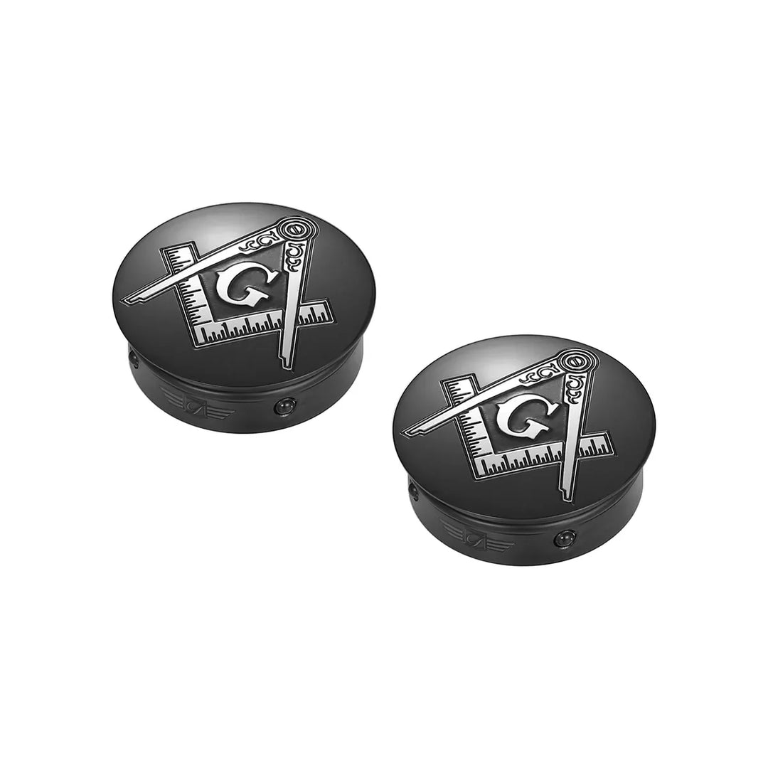 Figurati Designs – Harley-Davidson Stainless-Steel / Black Swing Arm Covers Masonic Emblem Square and Compass – FD42-MASONIC-BLK