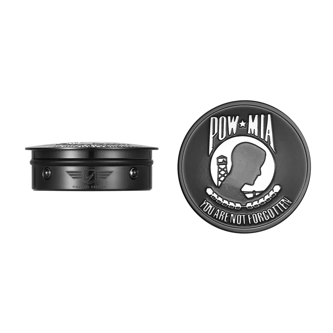Figurati Designs – Harley-Davidson Stainless-Steel / Black Swing Arm Covers POW You are Not Forgotten – FD55-POW-BLK