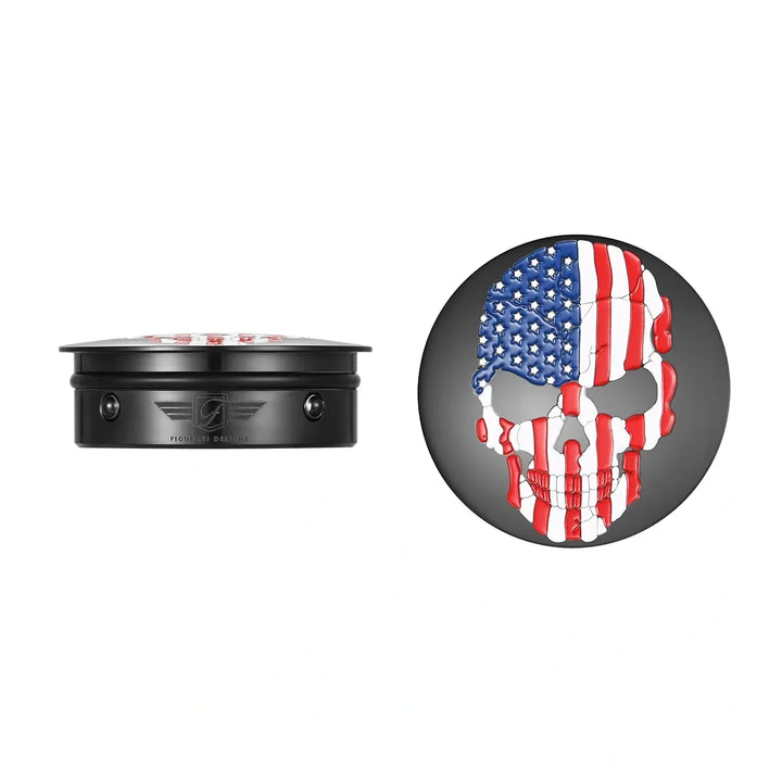 Figurati Designs – Harley-Davidson Stainless-Steel / Black Red White & Blue Flag Skull Swing Arm Covers – FD25-AFSKULL-BLK