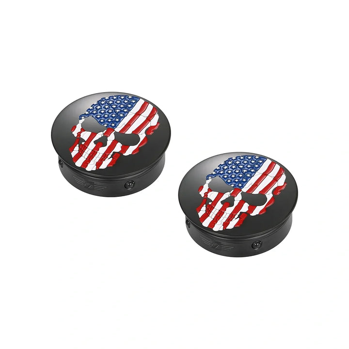 Figurati Designs – Harley-Davidson Stainless-Steel / Black Red White & Blue Flag Skull Swing Arm Covers – FD25-AFSKULL-BLK
