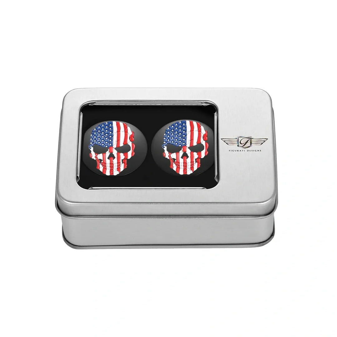Figurati Designs – Harley-Davidson Stainless-Steel / Black Red White & Blue Flag Skull Swing Arm Covers – FD25-AFSKULL-BLK