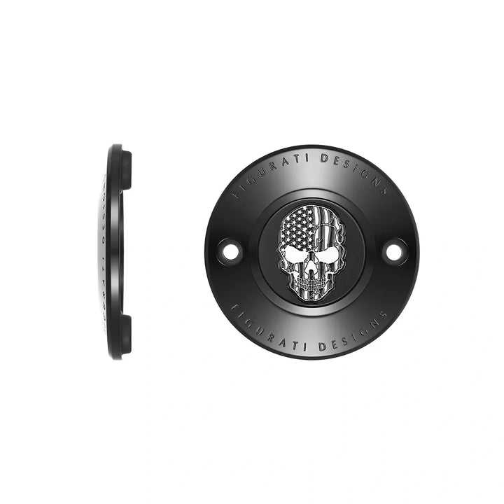 Figurati Designs – Harley-Davidson Stainless-Steel in Black American Flag Skull M8 Timing Cover – FD28-TC-2H-BLK