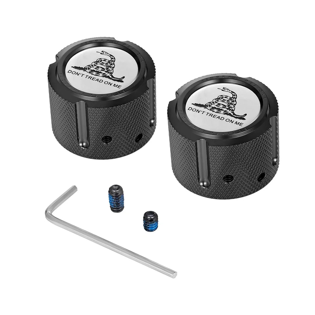 Figurati Designs – Harley-Davidson Stainless-Steel in Black Front Axle Nut Covers Don't Tread on Me – FD40-FAC-BLK