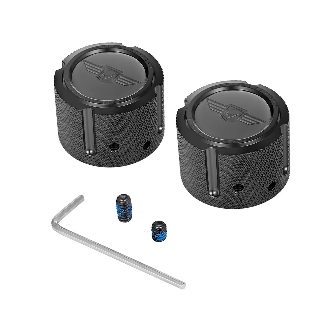 Figurati Designs – Harley-Davidson Stainless-Steel in Black Front Axle Nut Covers Figurati Designs Logo – FD01-FAC-BLK
