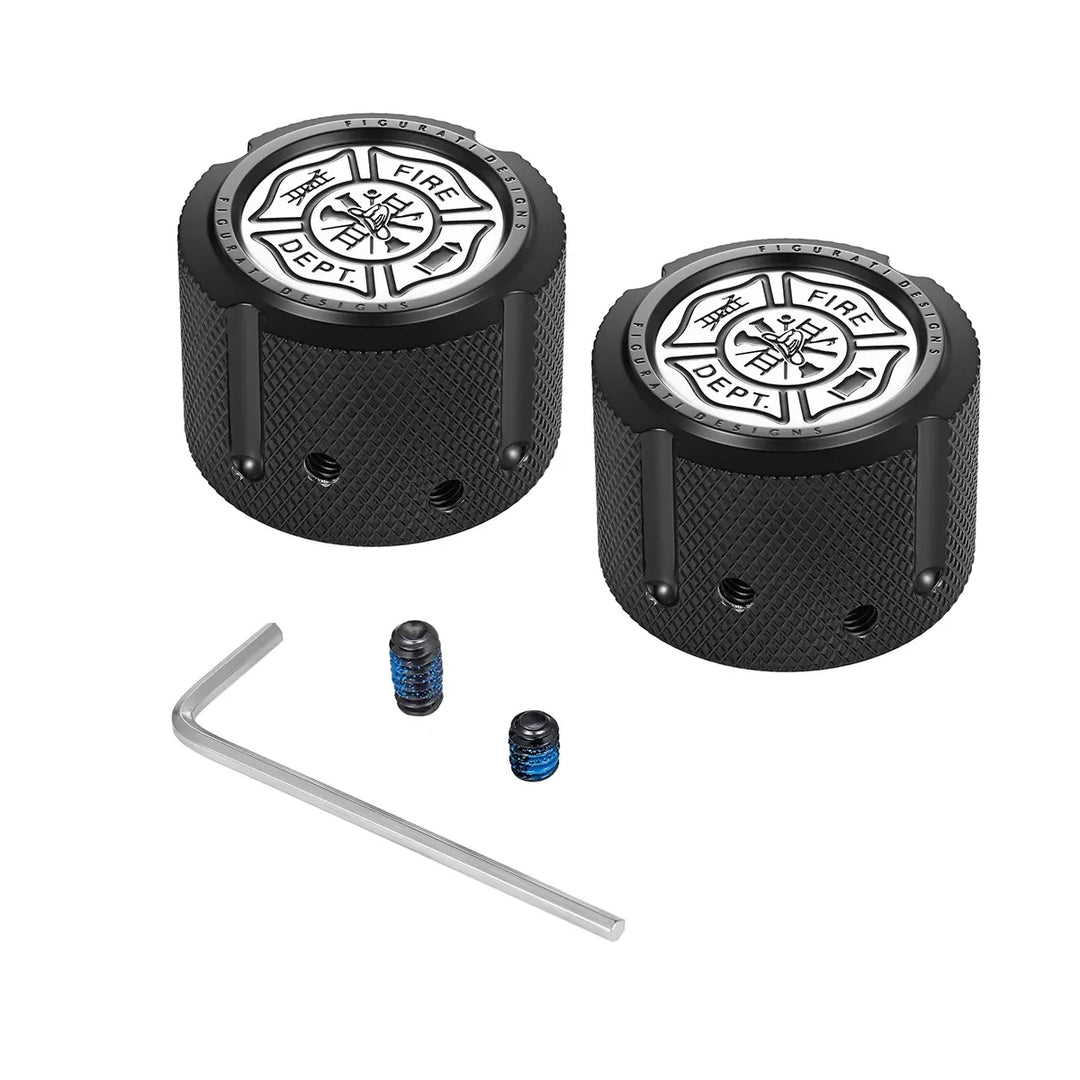 Figurati Designs – Harley-Davidson Stainless-Steel in Black Front Axle Nut Covers Maltese Cross-FIRE – FD74-FAC-BLK
