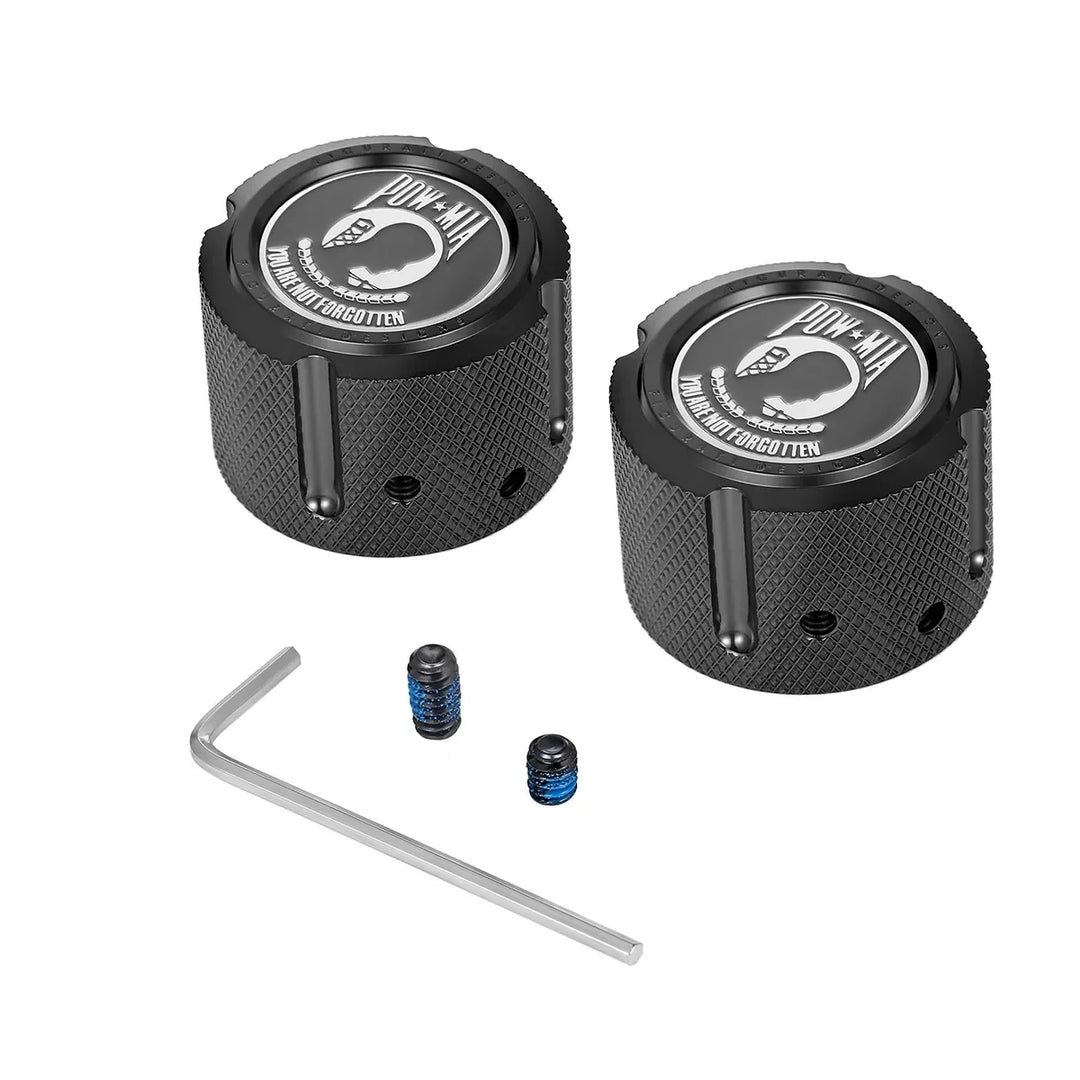 Figurati Designs – Harley-Davidson Stainless-Steel in Black Front Axle Nut Covers POW MIA – FD50-FAC-BLK