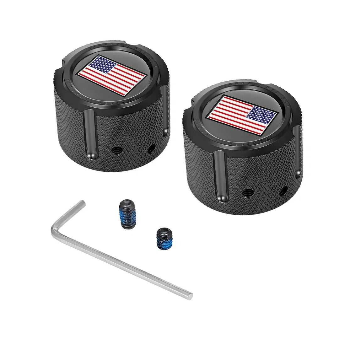 Figurati Designs – Harley-Davidson Stainless-Steel in Black Front Axle Nut Covers Red White and Blue American Flag - Reversed – FD21R-FAC-BLK