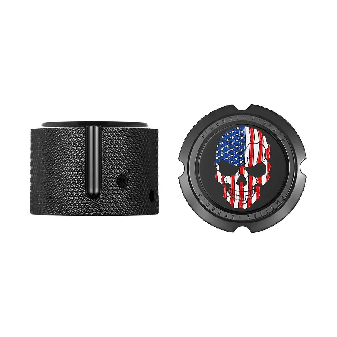Figurati Designs – Harley-Davidson Stainless-Steel in Black Front Axle Nut Covers Red White and Blue American Flag Skull – FD25-FAC-BLK