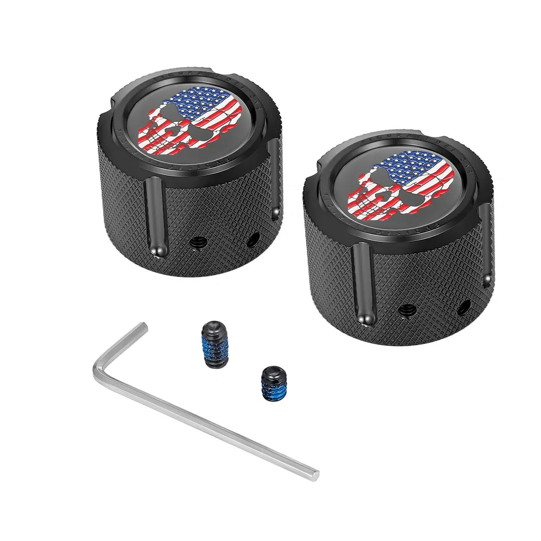 Figurati Designs – Harley-Davidson Stainless-Steel in Black Front Axle Nut Covers Red White and Blue American Flag Skull – FD25-FAC-BLK