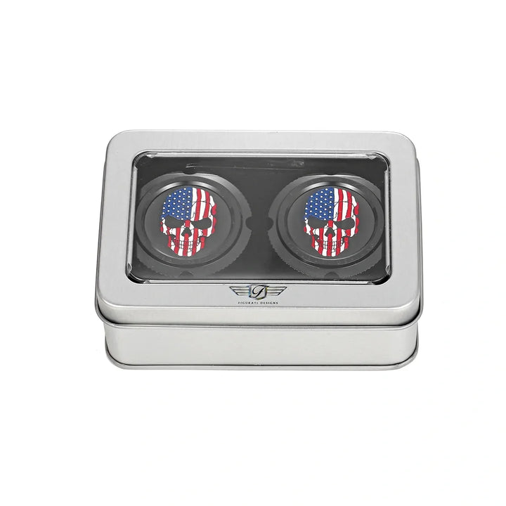 Figurati Designs – Harley-Davidson Stainless-Steel in Black Front Axle Nut Covers Red White and Blue American Flag Skull – FD25-FAC-BLK
