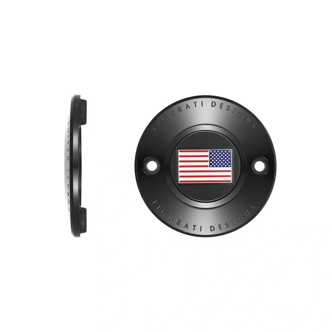 Figurati Designs – Harley-Davidson Stainless-Steel in Black Red White and Blue American Flag - Reversed M8 Timing Cover – FD21-TC-2H-BLK