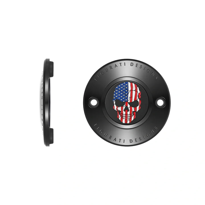 Figurati Designs – Harley-Davidson Stainless-Steel in Black Red White and Blue American Flag Skull M8 Timing Cover – FD25-TC-2H-BLK