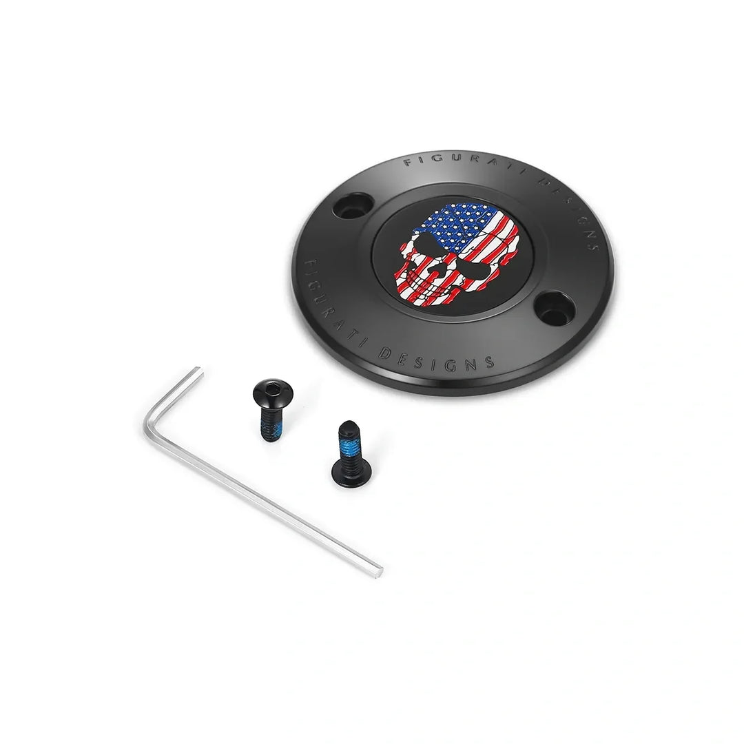 Figurati Designs – Harley-Davidson Stainless-Steel in Black Red White and Blue American Flag Skull M8 Timing Cover – FD25-TC-2H-BLK