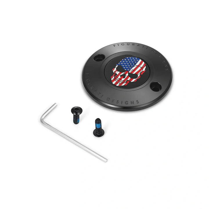 Figurati Designs – Harley-Davidson Stainless-Steel in Black Red White and Blue American Flag Skull M8 Timing Cover – FD25-TC-2H-BLK