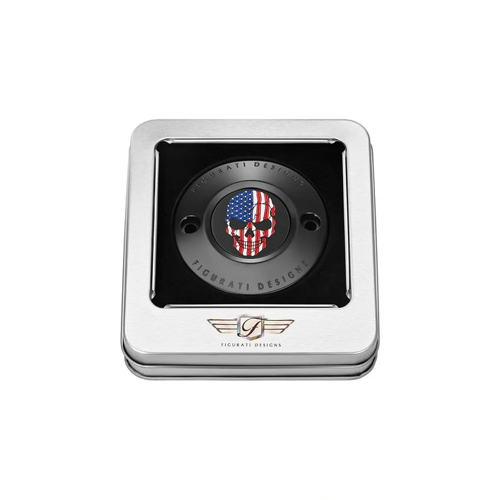 Figurati Designs – Harley-Davidson Stainless-Steel in Black Red White and Blue American Flag Skull M8 Timing Cover – FD25-TC-2H-BLK