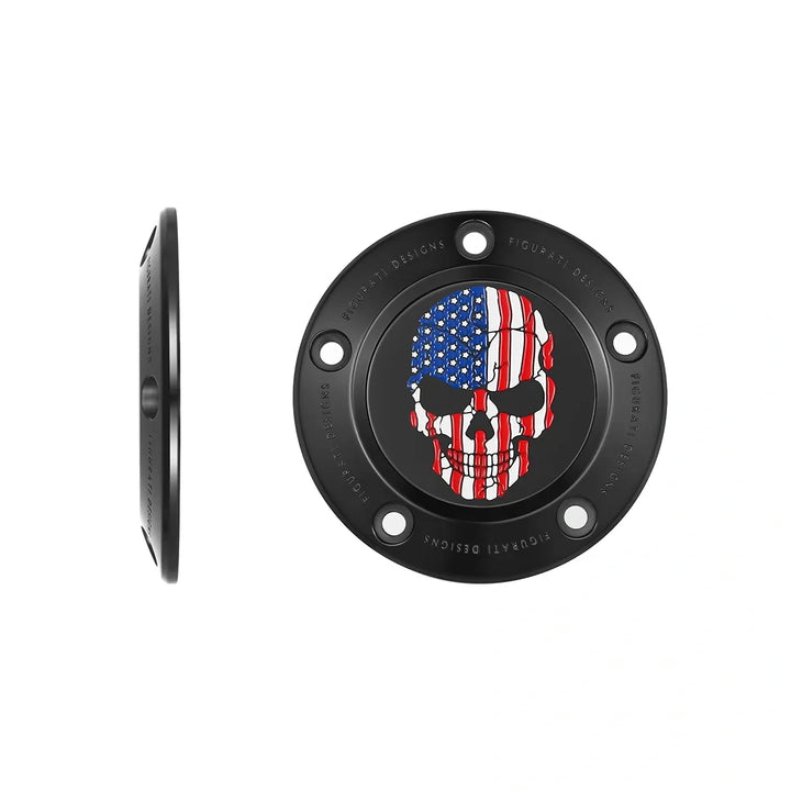 Figurati Designs – Harley-Davidson Stainless-Steel in Black Red White and Blue American Flag Skull Twin Cam Timing Cover – FD25-TC-5H-BLK