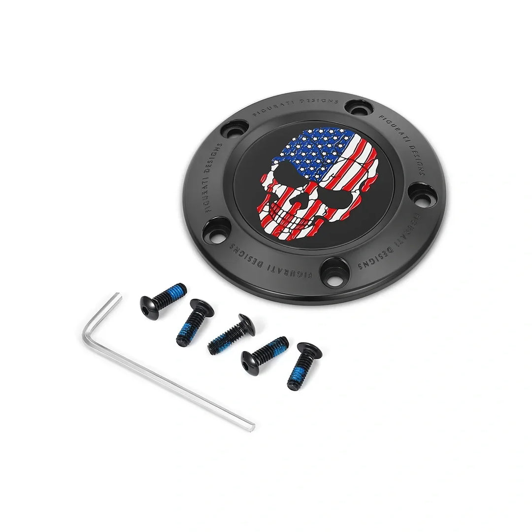 Figurati Designs – Harley-Davidson Stainless-Steel in Black Red White and Blue American Flag Skull Twin Cam Timing Cover – FD25-TC-5H-BLK