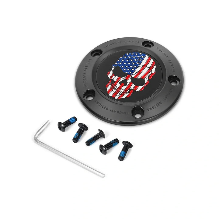 Figurati Designs – Harley-Davidson Stainless-Steel in Black Red White and Blue American Flag Skull Twin Cam Timing Cover – FD25-TC-5H-BLK