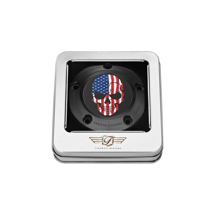 Figurati Designs – Harley-Davidson Stainless-Steel in Black Red White and Blue American Flag Skull Twin Cam Timing Cover – FD25-TC-5H-BLK