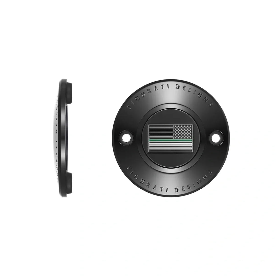 Figurati Designs – Harley-Davidson Stainless-Steel in Black Thin Green Line American Flag - Reversed M8 Timing Cover – FD72-TC-2H-BLK